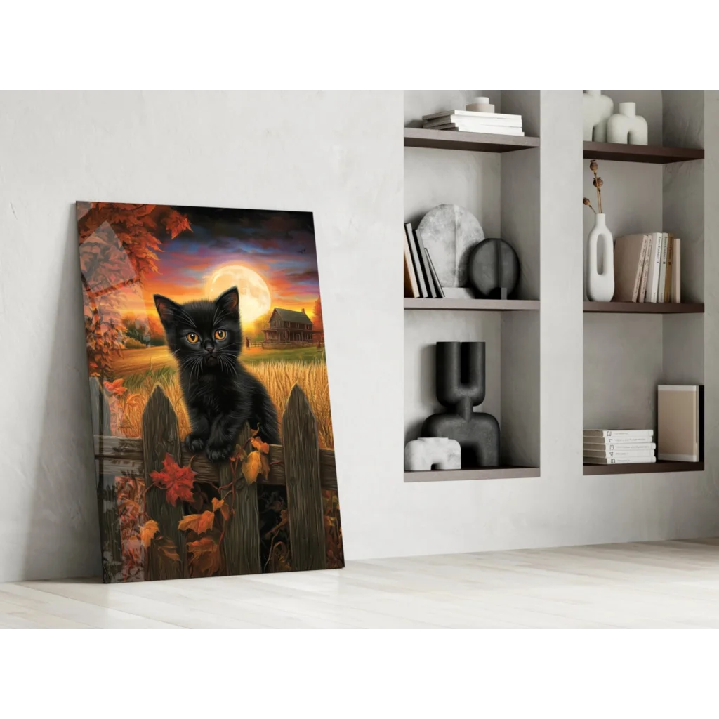 Black kitten on fence under full moon, glass wall art print