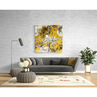 Stunning yellow floral glass wall art in four panels
