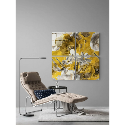 Stunning yellow floral glass wall art in four-panel grid