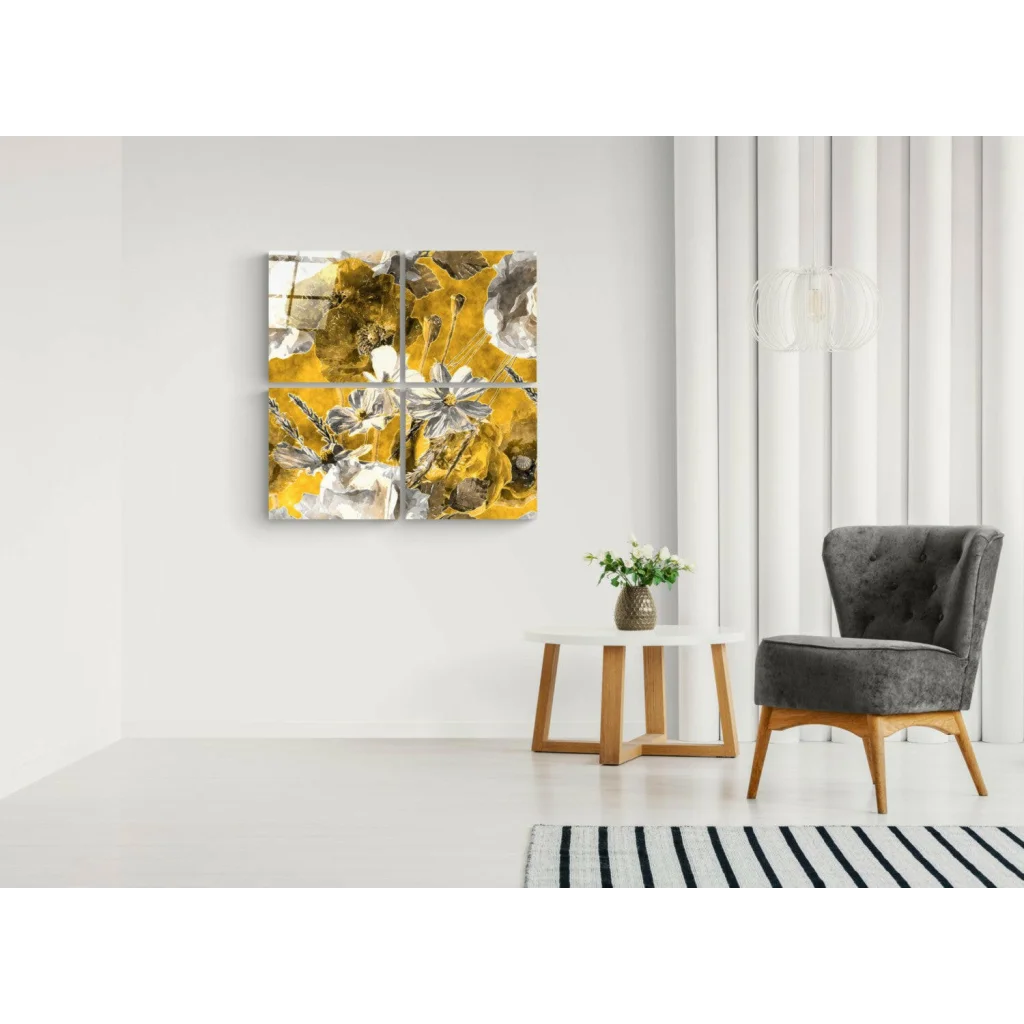 Stunning yellow floral glass wall art in four abstract panels