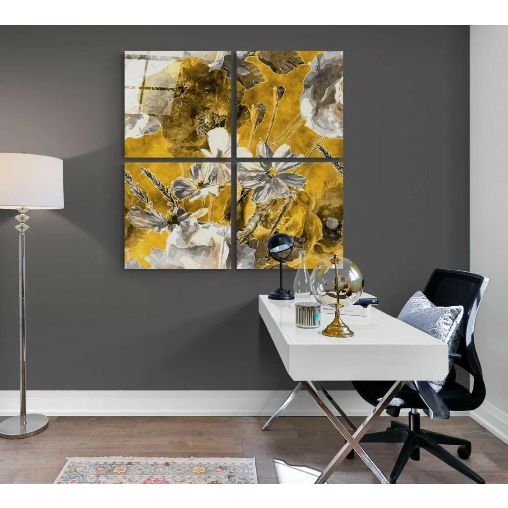 Stunning yellow floral glass wall art in four-panel grid