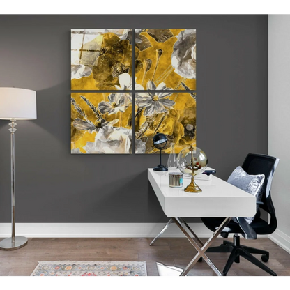 Stunning yellow floral glass wall art in four-panel grid