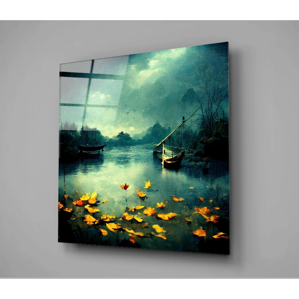 Serene lake glass wall art with yellow leaves, boats, misty teal sky