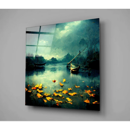 Serene lake glass wall art with yellow leaves, boats, misty teal sky