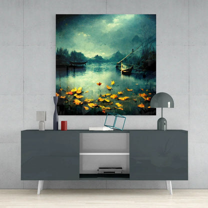 Fiery sunset glass wall art with glowing orange flames and serene lake lilies