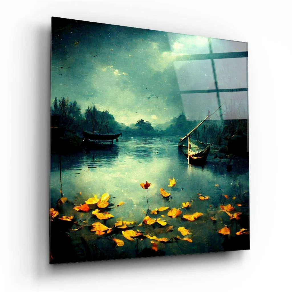 Moody teal glass wall art with lily pads, boats, starry sky