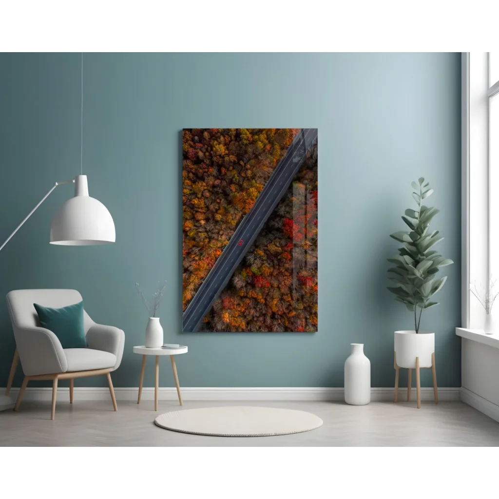 Vibrant autumn forest road aerial view glass wall art print