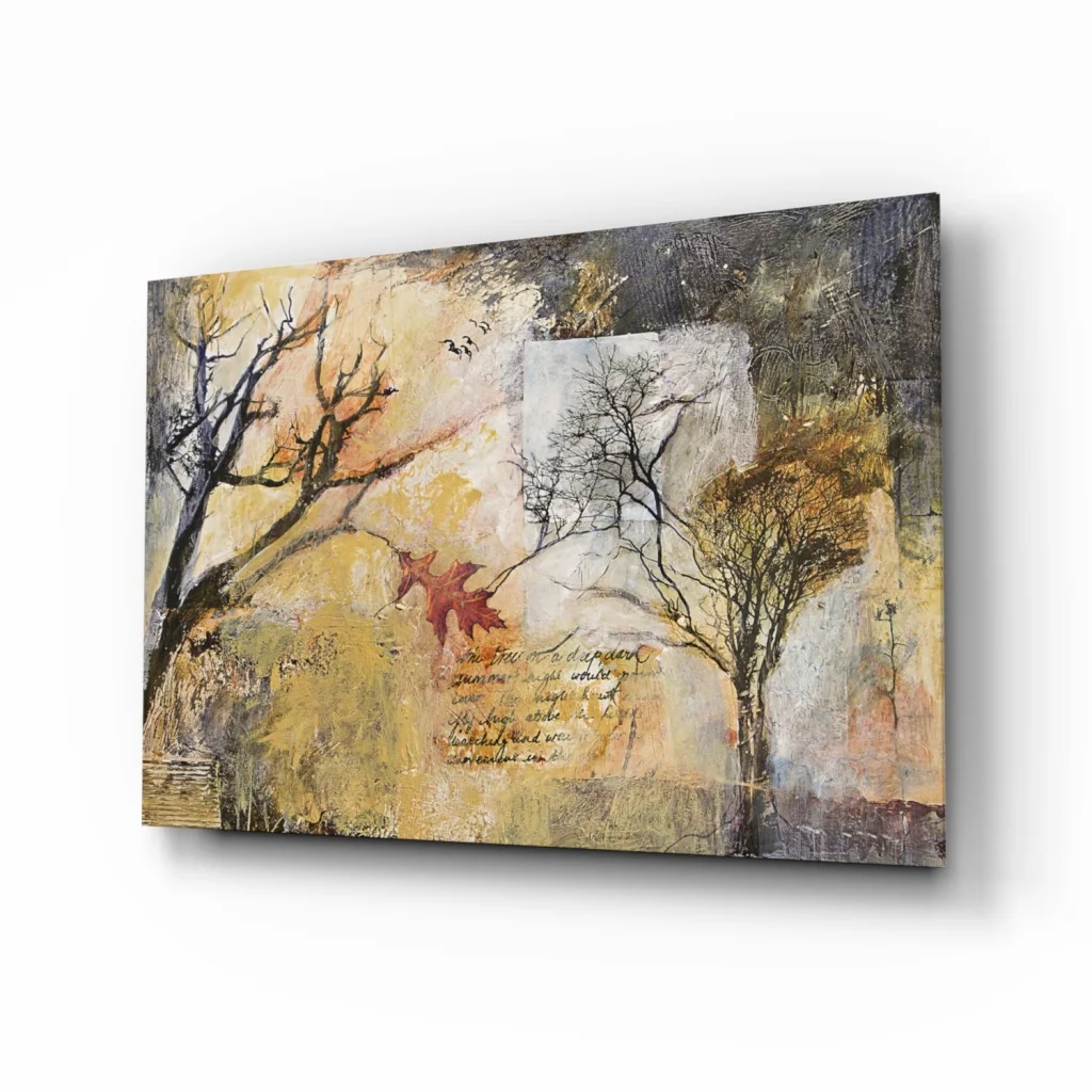 Autumn trees abstract wall art canvas with red leaf accent