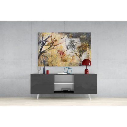 Modern gray sideboard with white legs under autumn trees wall art