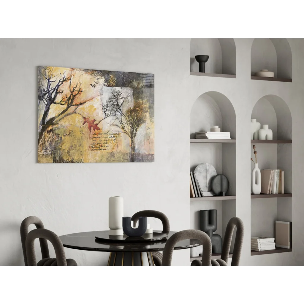 Autumn trees abstract wall art canvas with red leaf accent and bare silhouettes