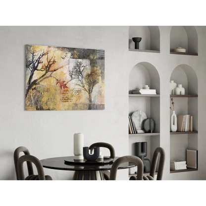 Autumn trees abstract wall art canvas with red leaf accent and bare silhouettes