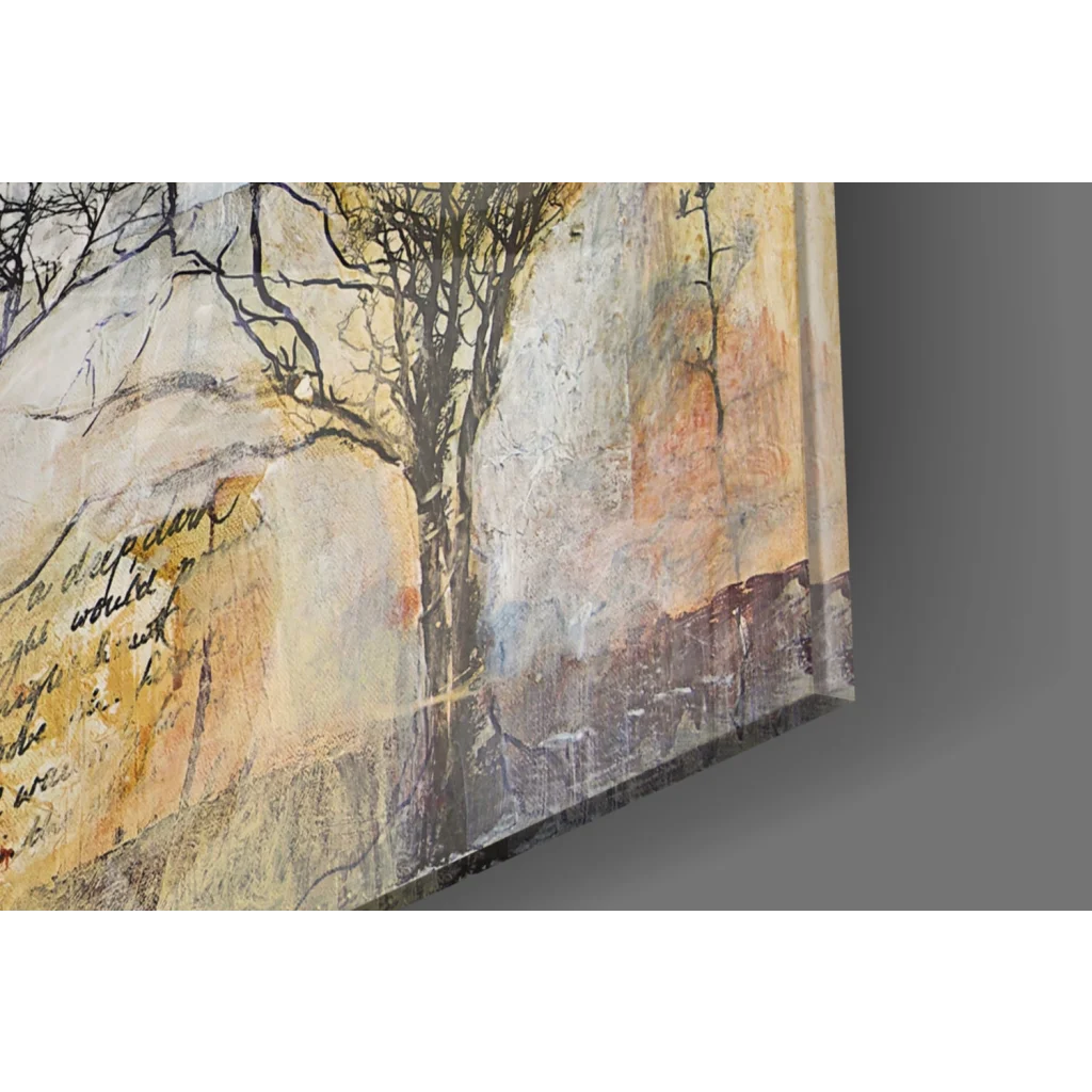 Autumn trees abstract canvas wall art with red leaf accent in muted tones