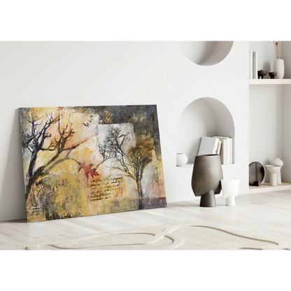 Autumn trees abstract wall art canvas with red leaf accent