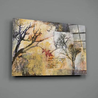 Autumn trees abstract canvas wall art with red leaf accent