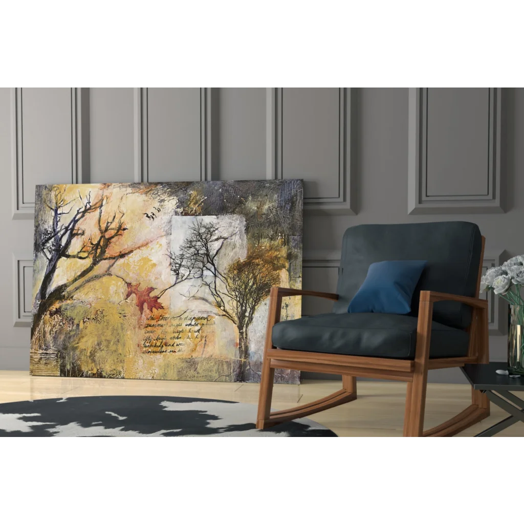 Modern wooden rocking chair with navy seat in Autumn Trees wall art setting