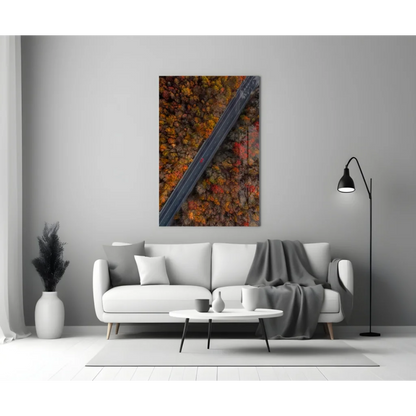 Vibrant autumn foliage with diagonal railway track on glass wall art print