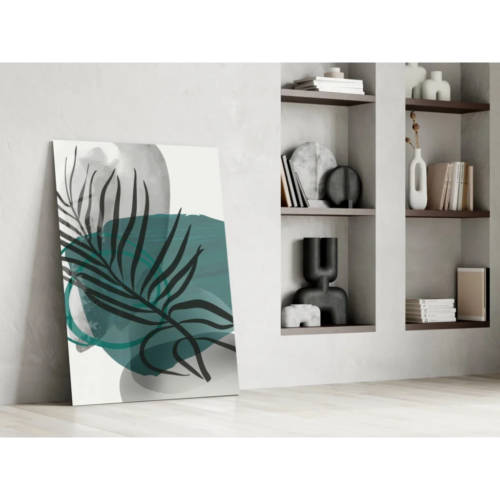 Modern stylized black palm frond on teal gray watercolor glass wall art