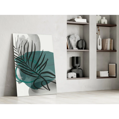 Modern stylized black palm frond on teal gray watercolor glass wall art