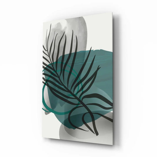Modern teal watercolor glass wall art with stylized black palm frond