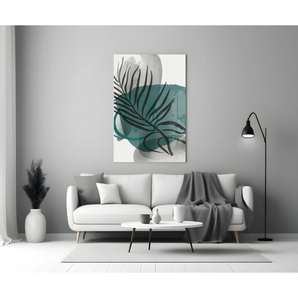 Modern black leaf glass wall art with teal watercolor design