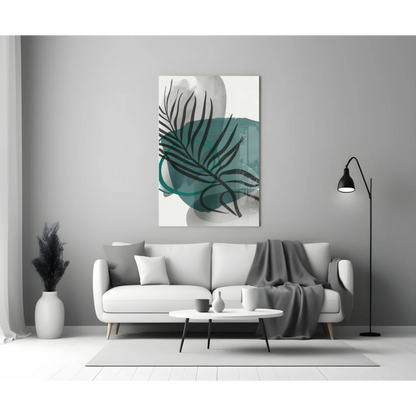 Modern black leaf glass wall art with teal watercolor design