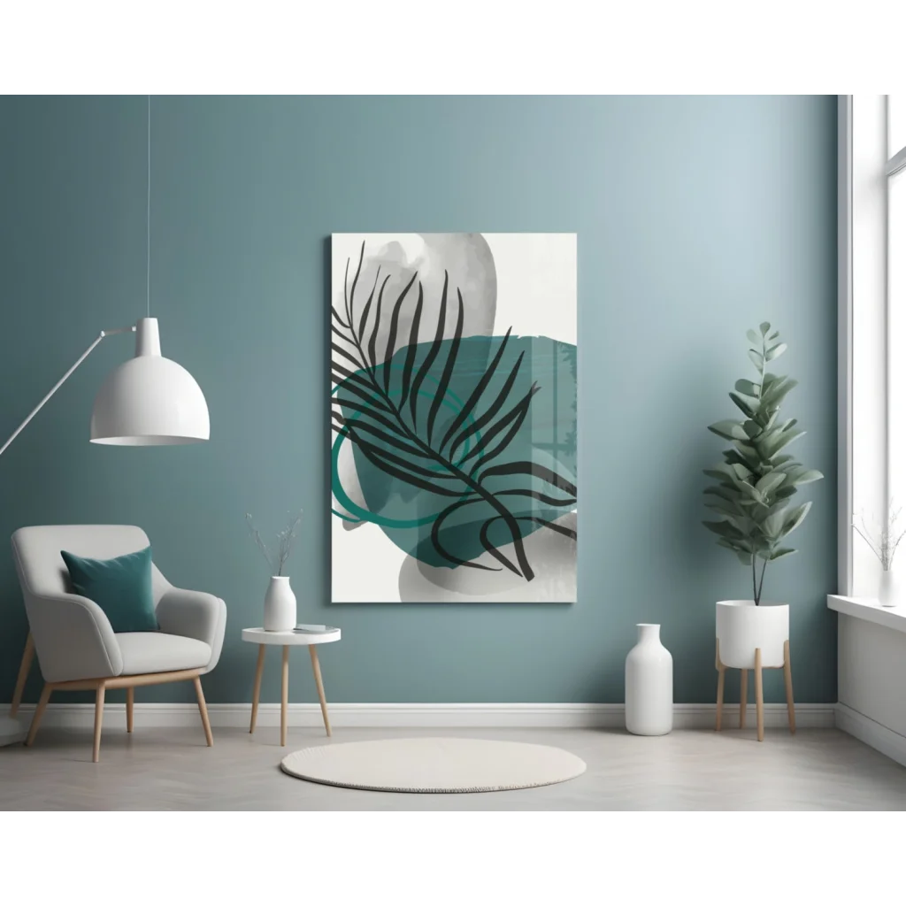 Tropical palm leaf glass wall art with teal watercolor leaf silhouettes