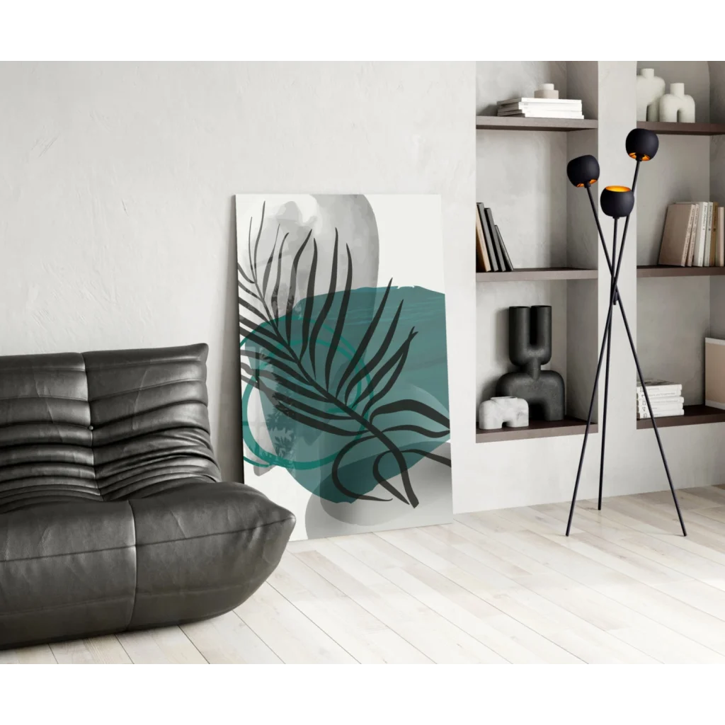 Modern teal palm leaf glass wall art on white background