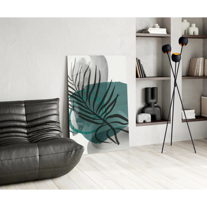 Modern teal palm leaf glass wall art on white background