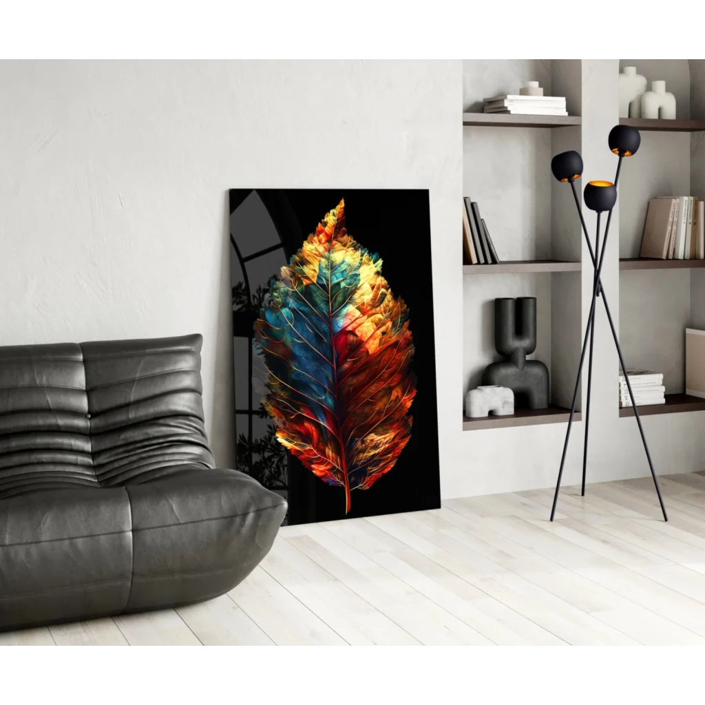 Vibrant fiery leaf glass wall art with orange and blue flames on black canvas