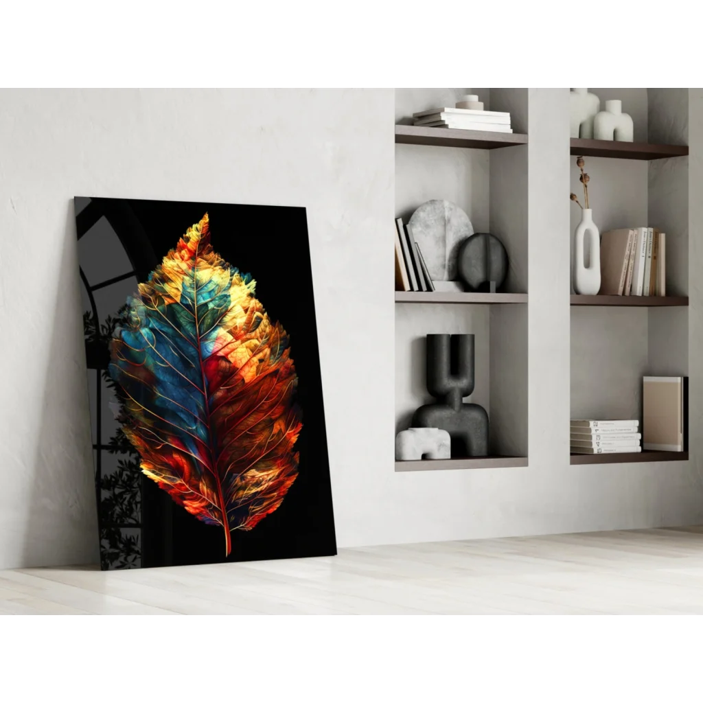 Fiery leaf glass wall art with orange blue flames glossy print