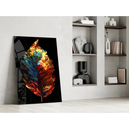 Fiery leaf glass wall art with orange blue flames glossy print