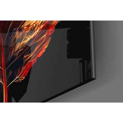 Sleek black TV showing fiery red orange abstract flames in Fiery Leaf glass wall art