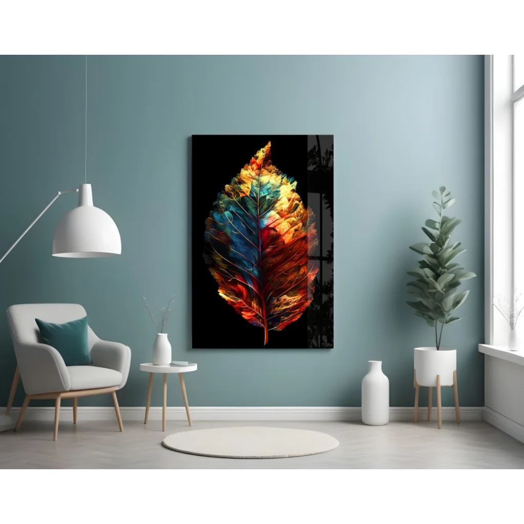 Fiery Leaf Glass Wall Art with Orange and Blue Flames | Contemporary Home Wall Art | vintageantiquesgifts.com