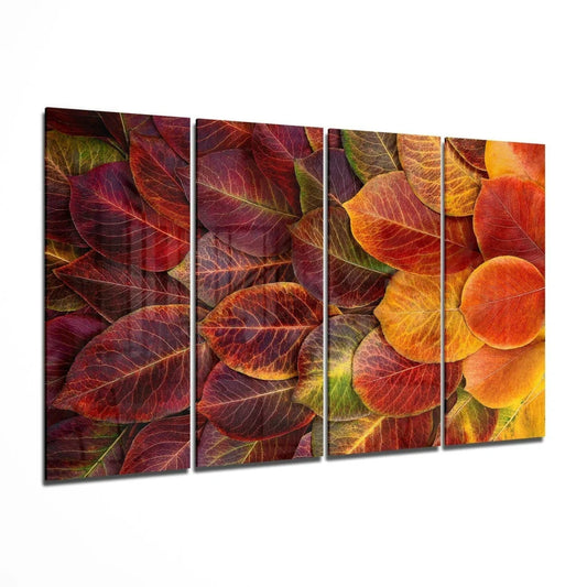 Vibrant autumn leaf glass wall art triptych with reds, oranges, purples