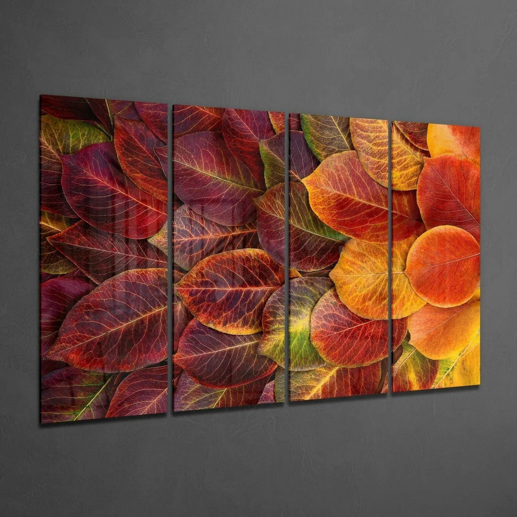 Stunning autumn leaf glass wall art triptych with vibrant reds and oranges