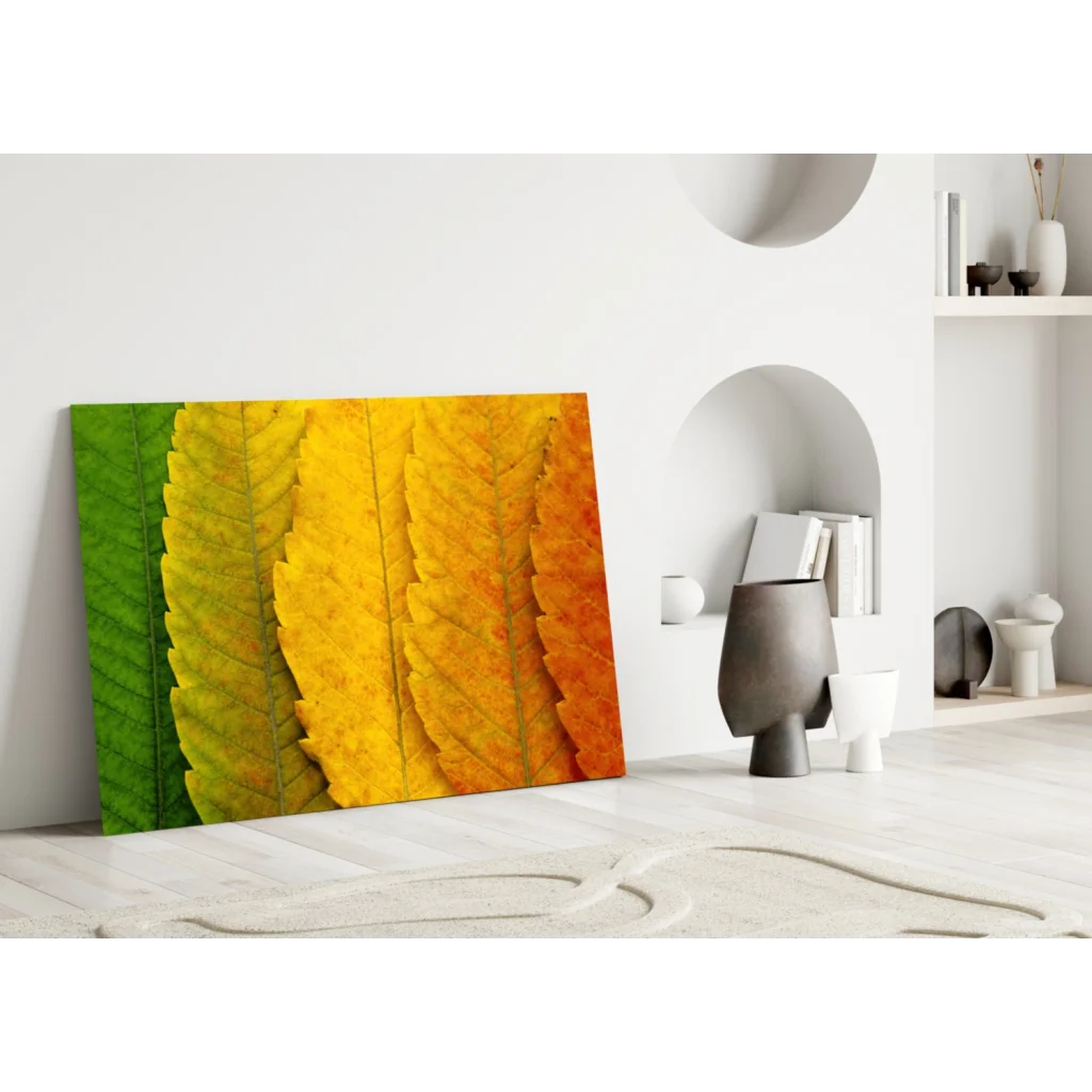 Vibrant autumn leaves wall art canvas print in green yellow orange