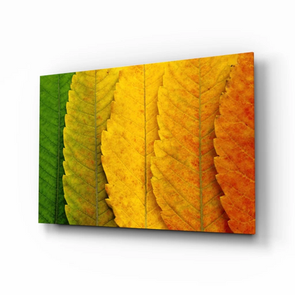 Vibrant autumn leaves wall art canvas print in green yellow orange