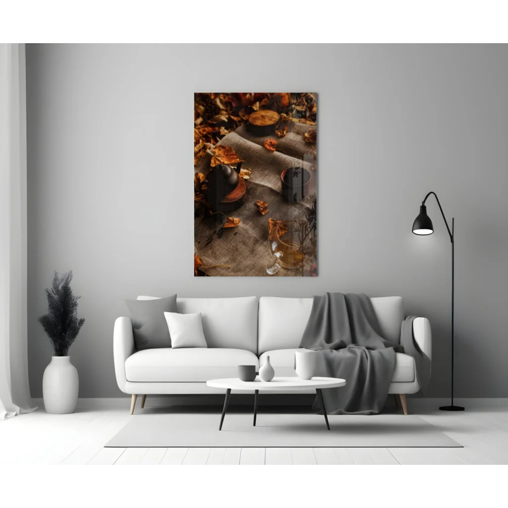 Cozy autumn tea scene canvas wall art with leaves, mugs, wood