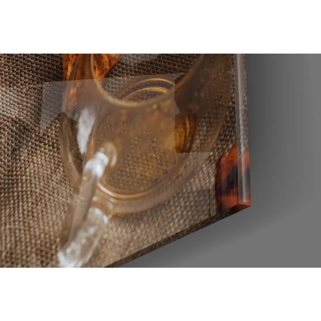 Cozy Autumn Tea Scene glass wall art with amber pitcher and cup