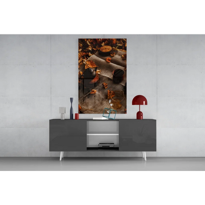 Cozy autumn tea scene wall art canvas print with leaves and mugs