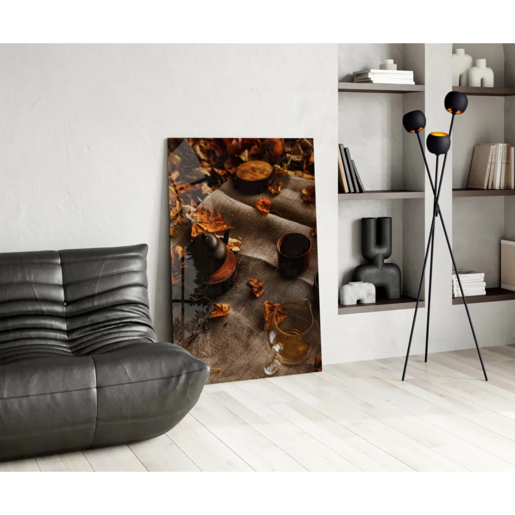 Cozy Autumn Tea Scene canvas wall art print with leaves and cups