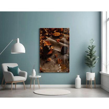 Cozy autumn tea scene rustic still life wall art canvas print