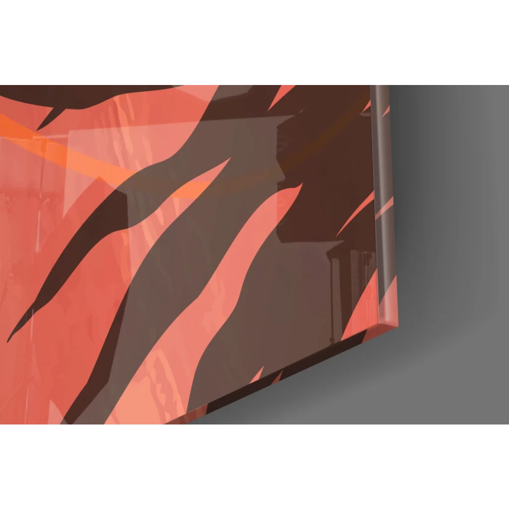 Sleek glass wall art with bold coral and brown stripes