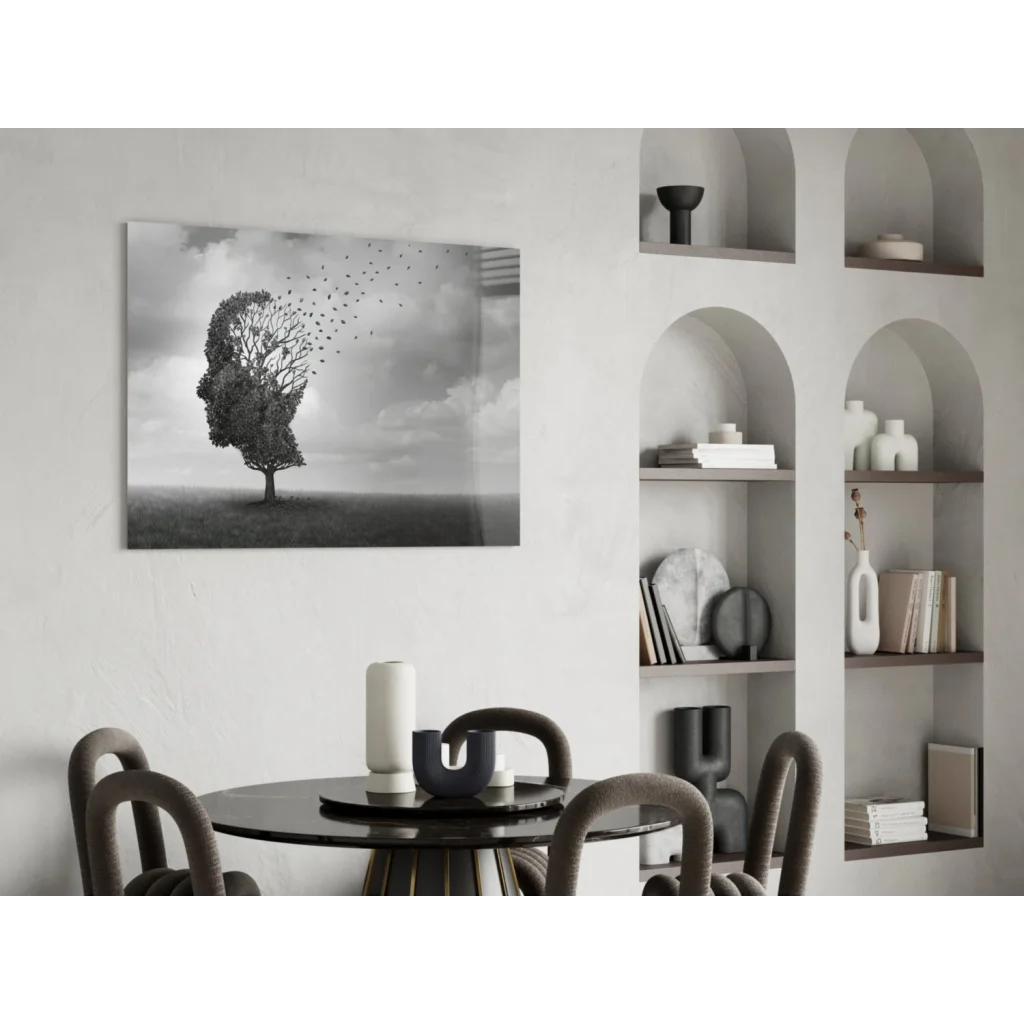 Black-and-white Mind Tree canvas wall art with birds flying from human-head tree