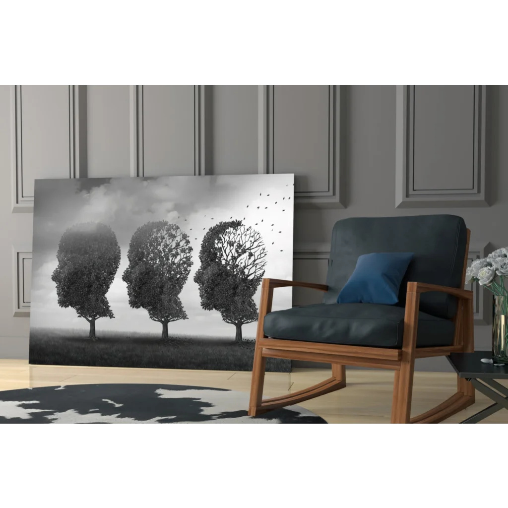 Minimalist black and white wall art canvas of three human head trees