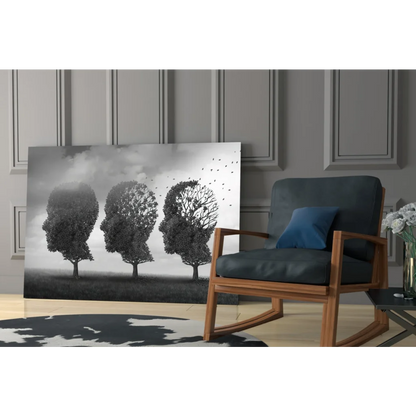 Minimalist black and white wall art canvas of three human head trees