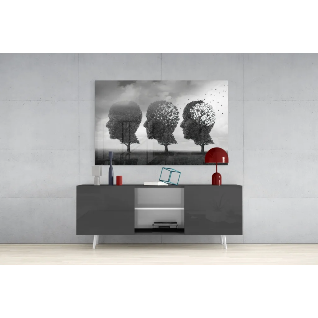 Red glossy dome table lamp on Three Trees wall art print