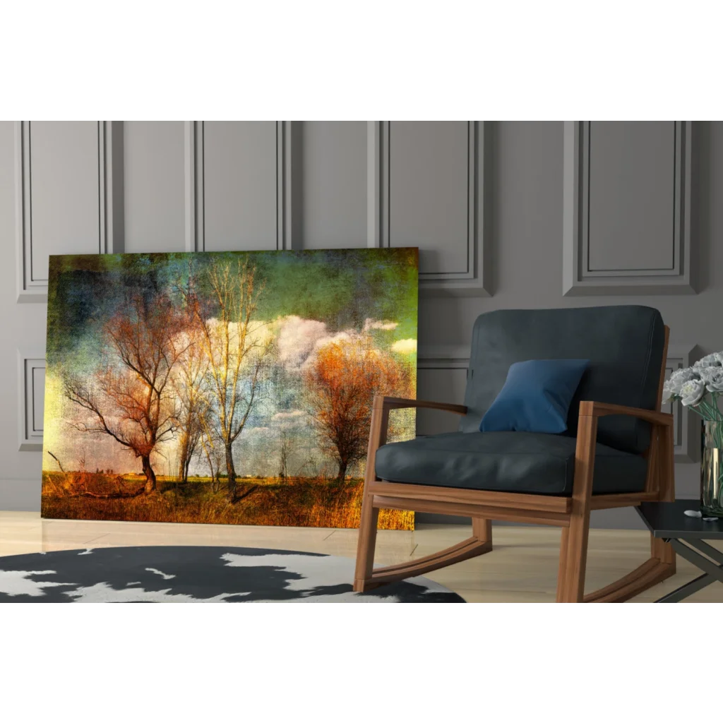 Stylized autumn trees wall art canvas print with textured golden sky