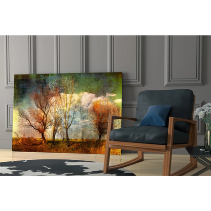 Stylized autumn trees wall art canvas print with textured golden sky