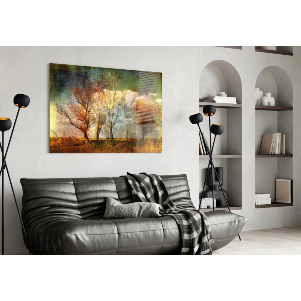Stylized autumn trees wall art canvas with textured golden sky